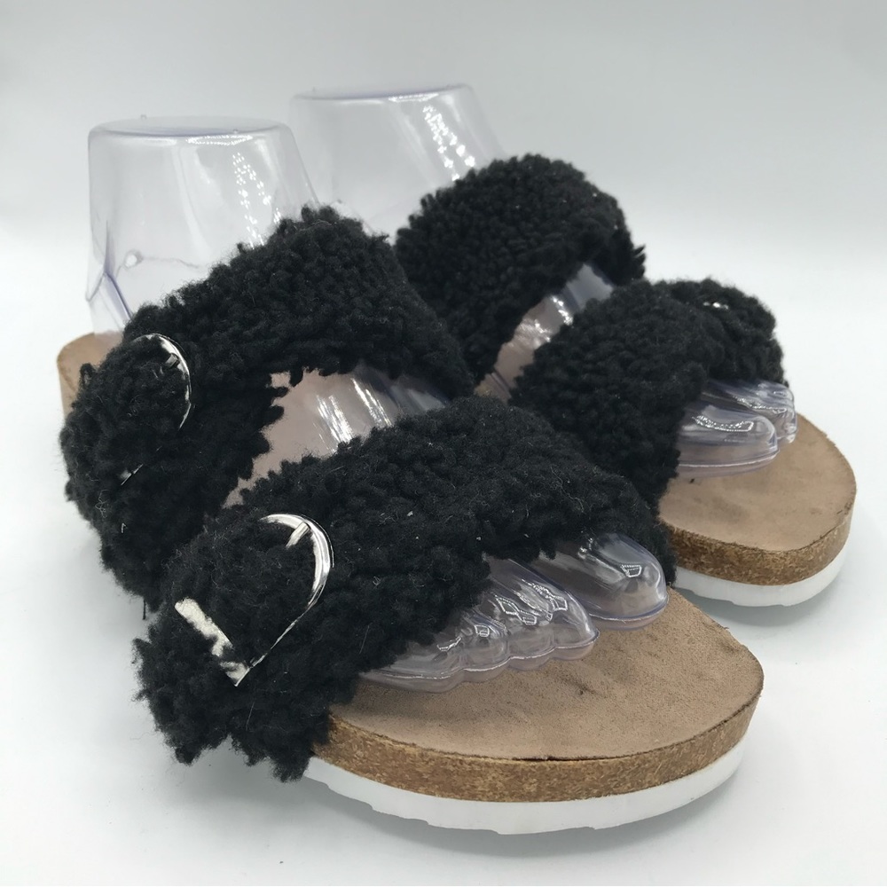 Indigo Rd Sally 2 Faux Fur Slide Sandals Black Women's Sz 6 M Silver Buckles EUC